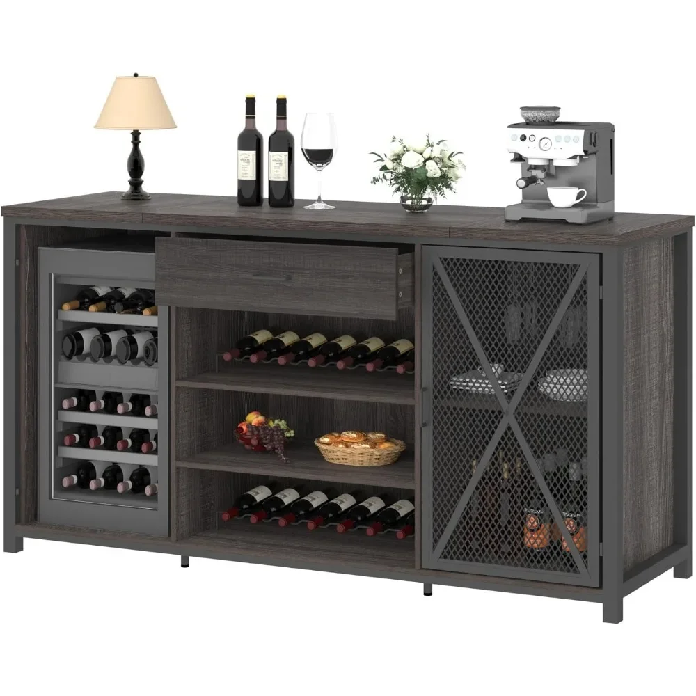 

Long Bar Cabinet with Fridge Space, Farmhouse Big Liquor Cabinet with Drawer Storage, Rustic Wood Metal Large Wine Cabinet