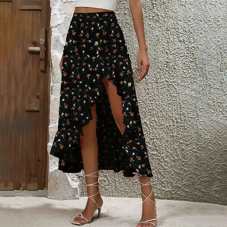 Vintage Beach Flower Print Maxi Skirt Women Summer 2024 Fashion High Waist Stretch Asymmetrical Long Skirts Elegant