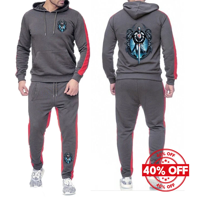 

2025 Spring And Autumn Man's Knights Templar Pattern Logo Print Solid Color Pullover Hoodies+Sports Comfortable Pants Suits