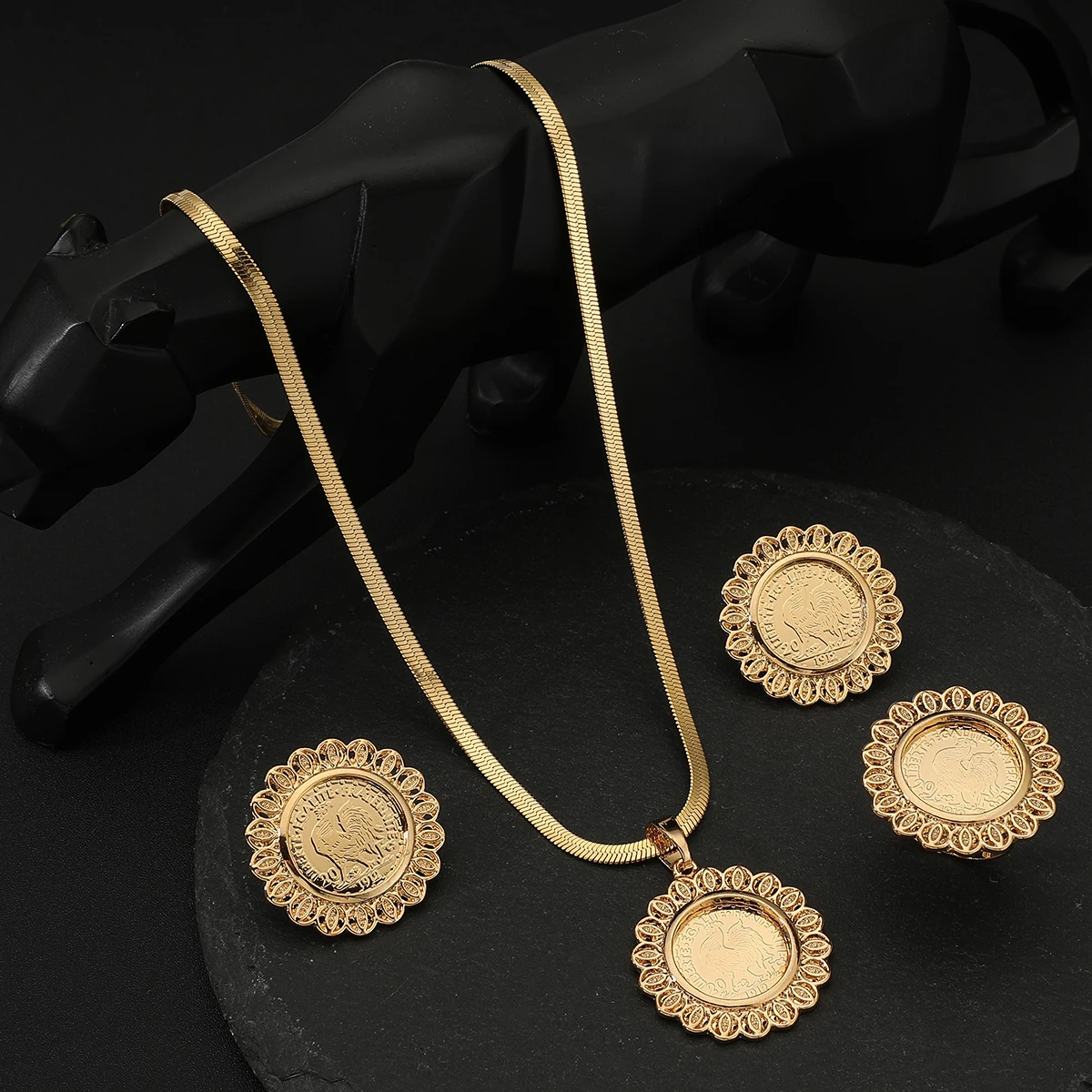 Real 18K Gold Stainless steel sun flower Pendant Necklace Earring Ring for Women's Jewelry Set ,Fine Jewelry Gifts not fade