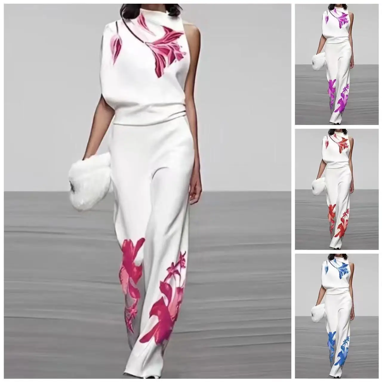 Fashion Street Print Two Piece Sets For Women 2024 Spring Summer Sleeveless Top And Pants Outfits Office Elegant Autumn Suits
