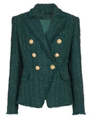 HIGH STREET Newest Fall Winter 2024 Designer Jacket Women's Lion Buttons Double Breasted Slim Fit Fringed Tweed Blazer