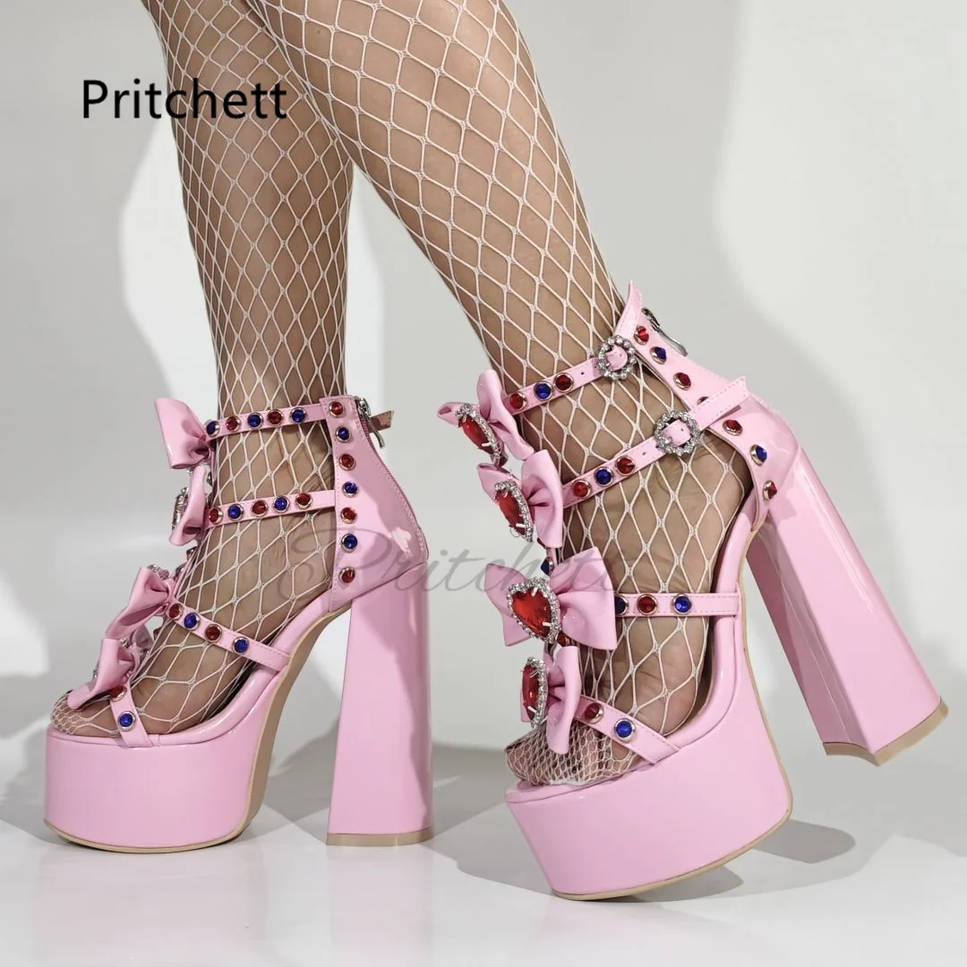 الوردي فراشة عقدة منصة الصنادل النساء الحلو جميل كريستال القلب البريدي كتلة عالية الكعب الجلود الكاحل حزام لوليتا الأحذية #1
