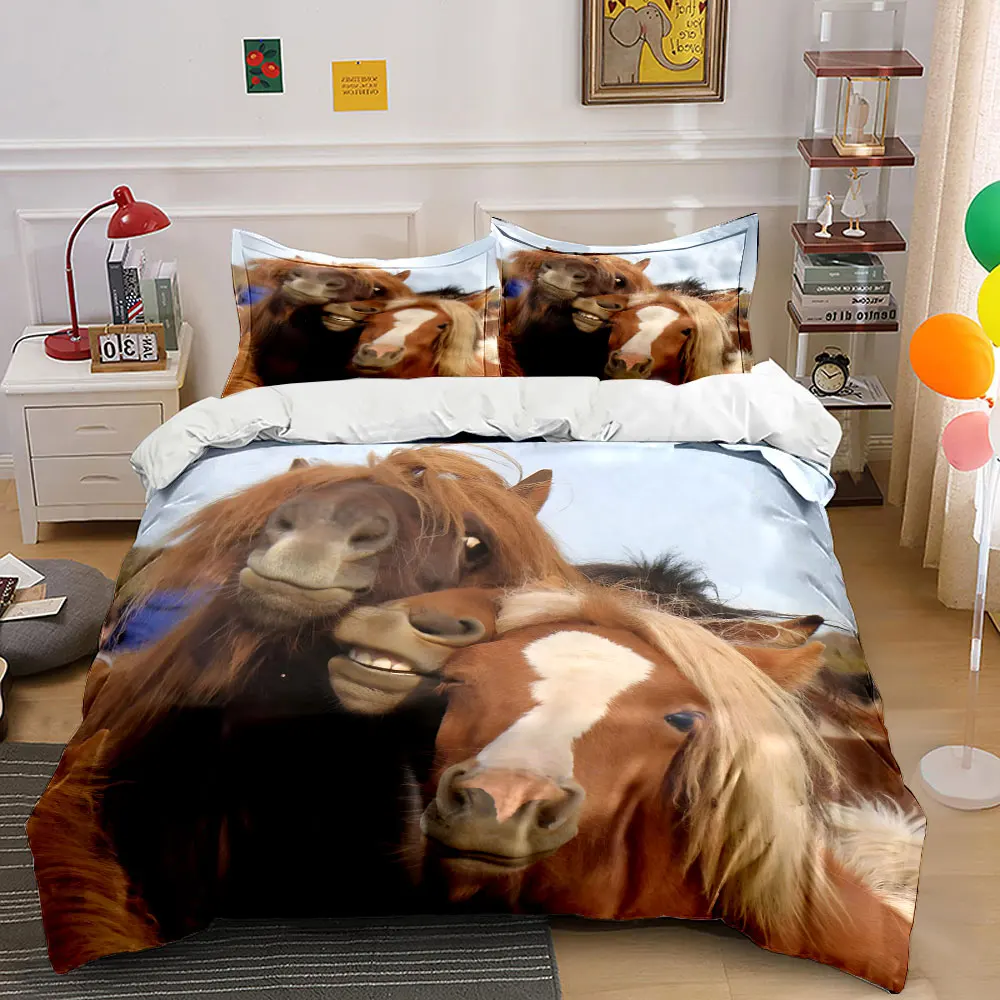 Funny Three playful horses huddling together Pattern Duvet Cover Set Digital Print Colorful Polyester Bedding with Zipper Closur