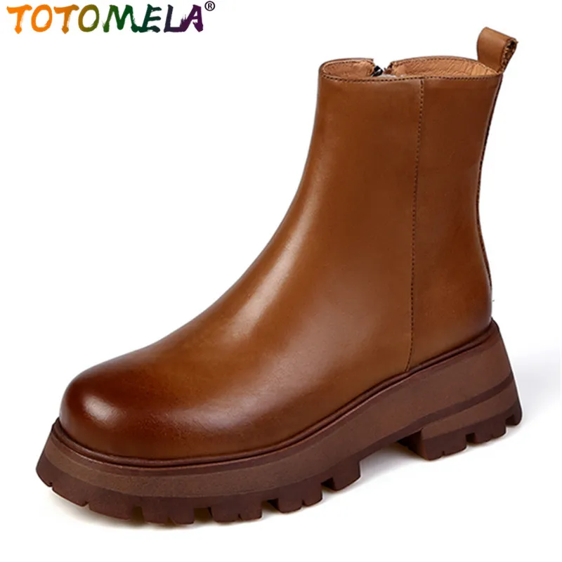 

TOTOMELA 2024 New Size 34-40 Genuine Leather Ankle Boots Zipper Retro Winter Boots Woman Thick Med Heels Platform Shoes