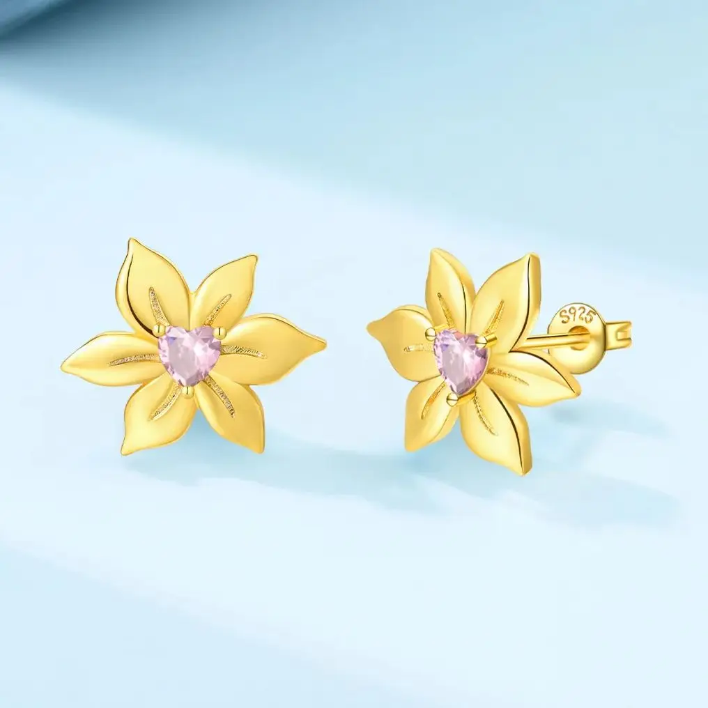 

Golden Flower Pink Heart Gemstone Earring for Women 925 Sterling Silver Hoop Earring Jewelry Graduation Birthday Gifts for Girls