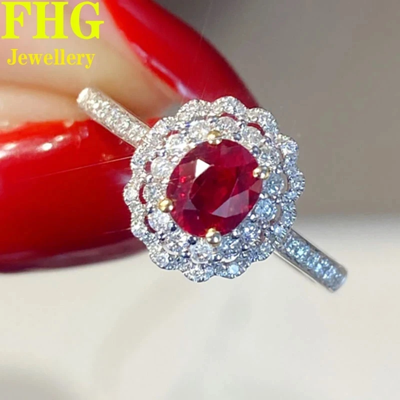 

Au750 18K White Gold Ring0.9 Carat Real Natural Ruby and Diamond ring Wedding Party Engagement Anniversary Ring