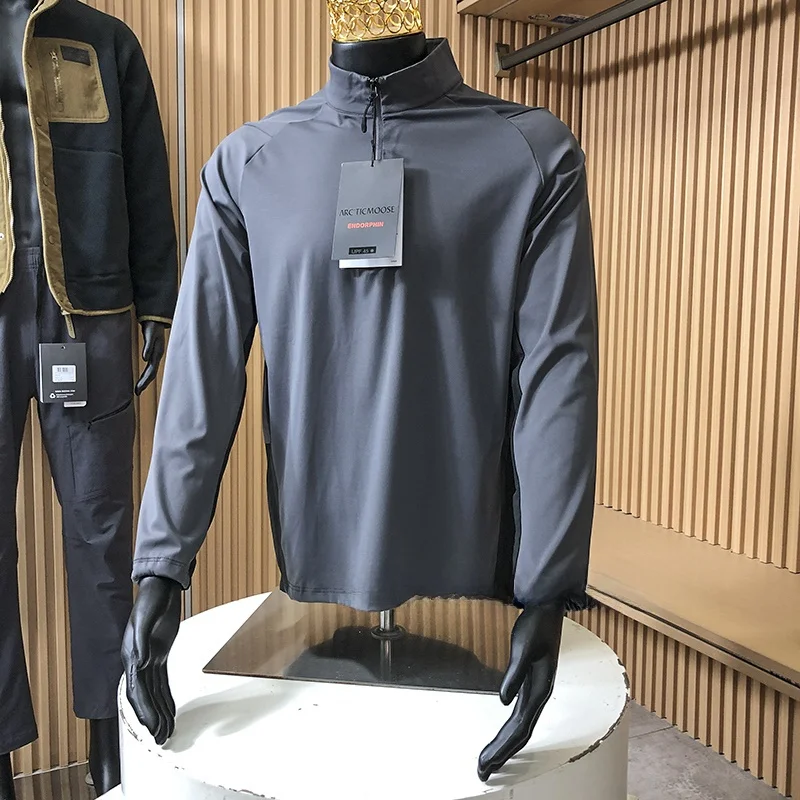 Laser Cut Splice Men's Outdoor Fly Sport Elastic Breathable Half Zip Stand Collar T-Shirt Skin-friendly Polyester Long Sleeve