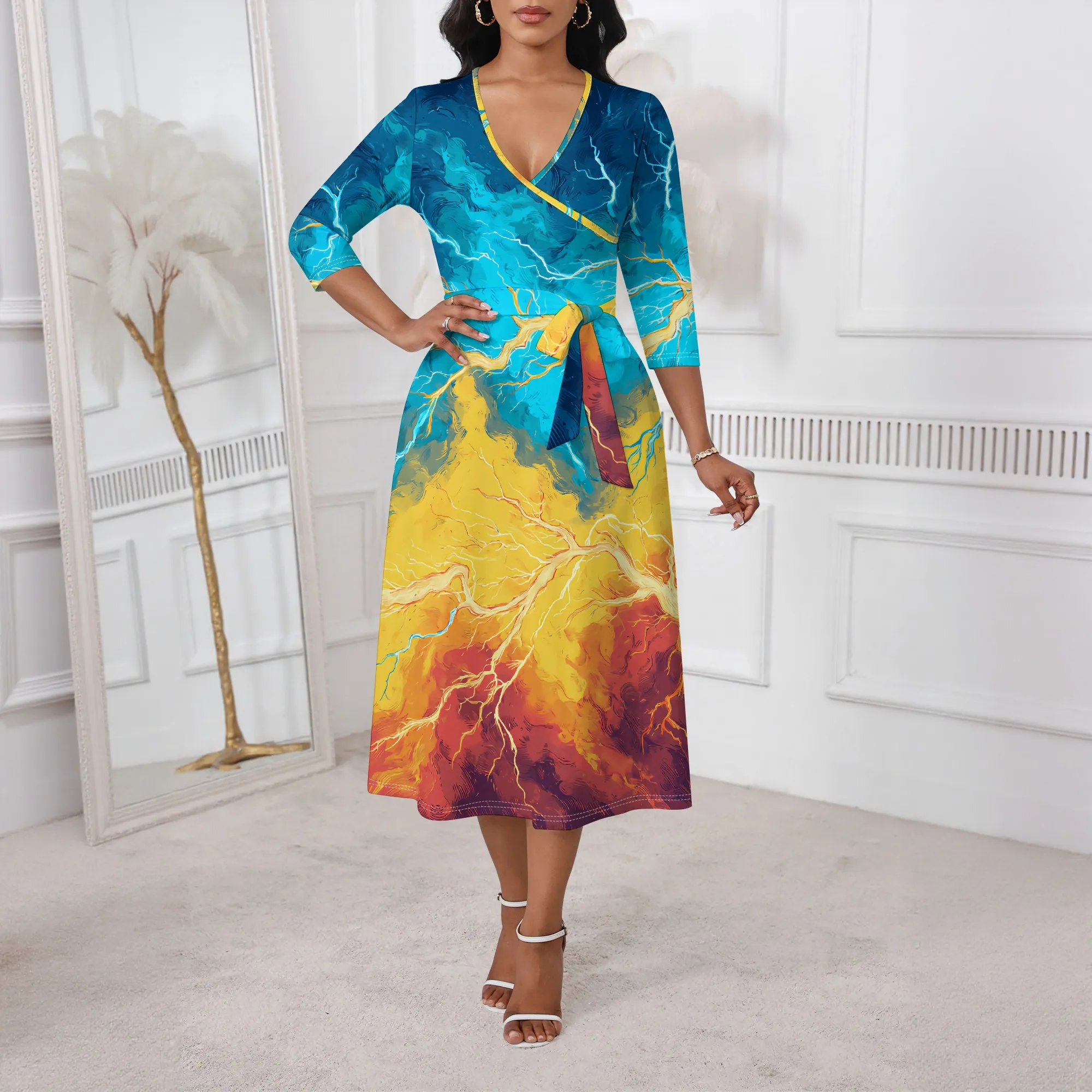 

Electric Women's Wrap Dress 2025 New Arrival Lightning Storm Print V-Neck 3/4 Sleeve Festival Party Dress XS-3XL