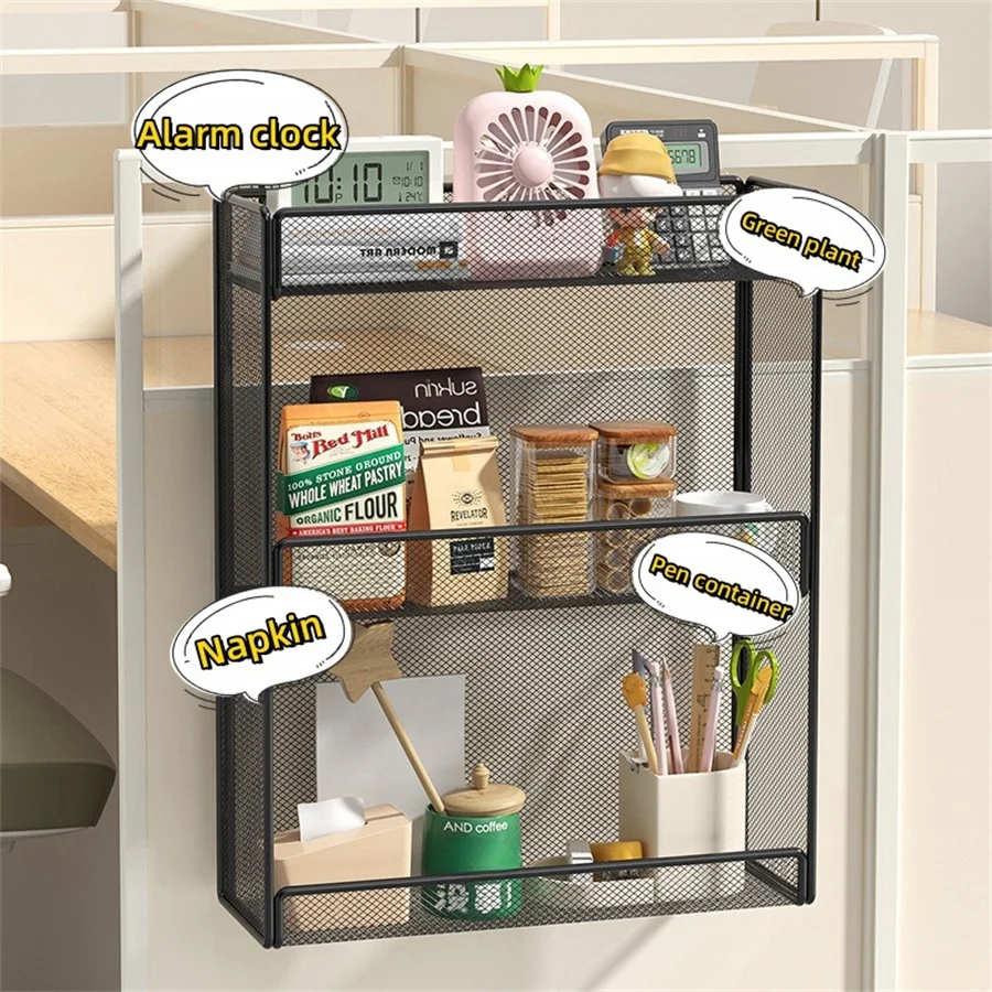 Metal hanging storage rack Organizer desktop hanging basket, suitable for school/office/any desktop, complimentary hook, black