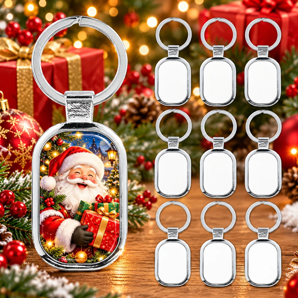 10Pcs Sublimation Oblong Keychain Blanks Metal Photo Transfer Key Rings DIY Handmade Present Accessories