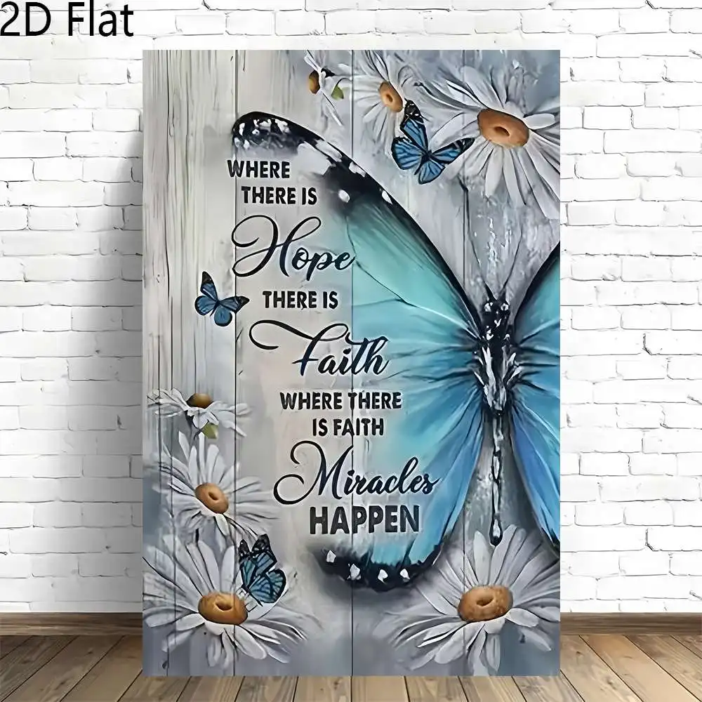 2D Flat, 2D Flat, 2D Flat 1pc Frameless Canvas Art Featuring a Blue Butterfly Along with a Quote about Hope, Faith, And Mirac
