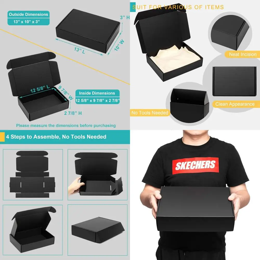 

13x10x3 Inch Black Cardboard Shipping Boxes - Tab Lock Literature Mailers for Small Business Packaging