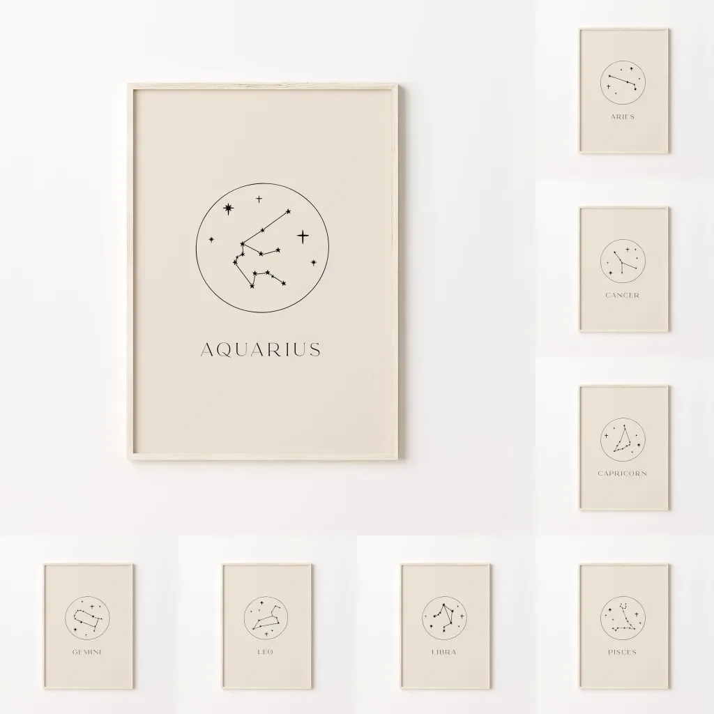 1pc frameless Canvas Painting Minimalist Astrology Art Print Cream Beige and Black Zodiac Home Wall Decor Star Sign Neutral Cons