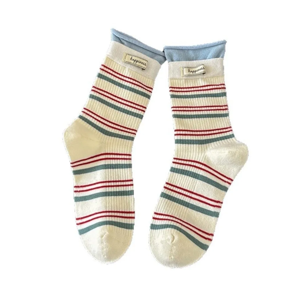Fake Two-Piece Design Crew Socks Soft Knit Texture Striped Pattern Mid-Calf Socks Mid-Calf Length Striped Socks
