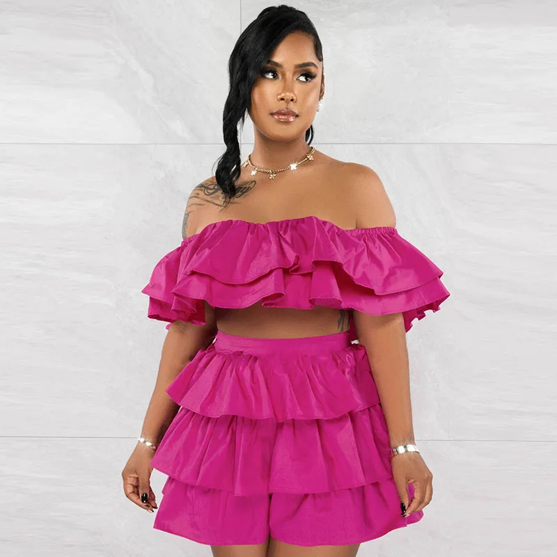 

Ruffles Two Piece Set for Women Short Sets Summer Slash Neck Off Shoulder Crop Top and Shorts Holiday Party Sexy Club Outfits