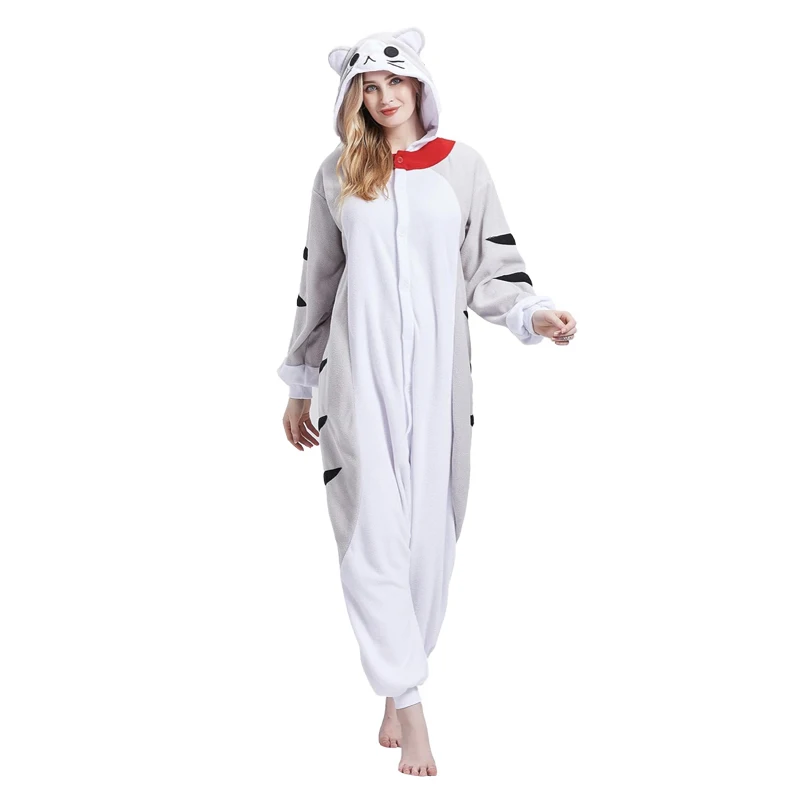 Kawaii Cat Onesies Cartoon Kigurumi damskie męskie piżamy piżamy Kitty kombinezon dziecięcy polarowa odzież na przyjęcia nocna