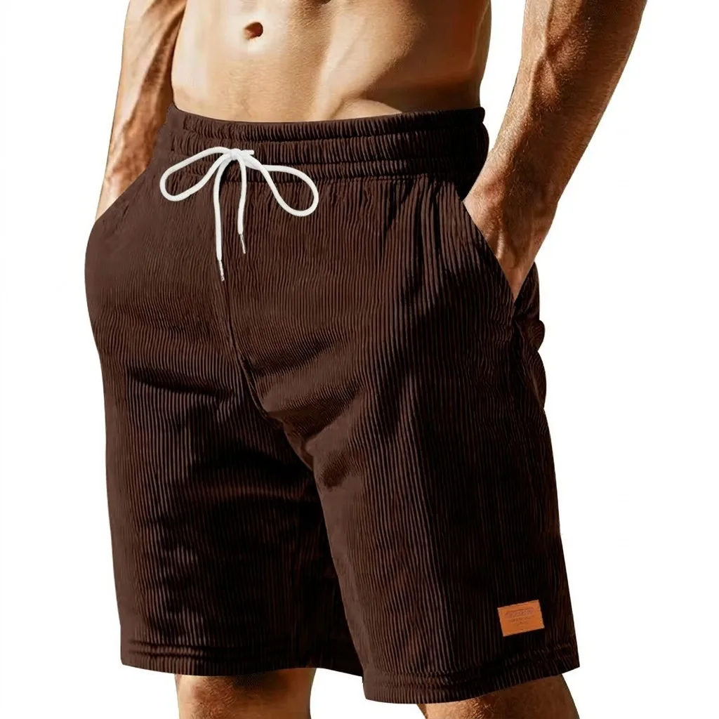 Summer men's new vintage solid-color urban texture corduroy short pants, with simple and trendy texture label, casual and loose