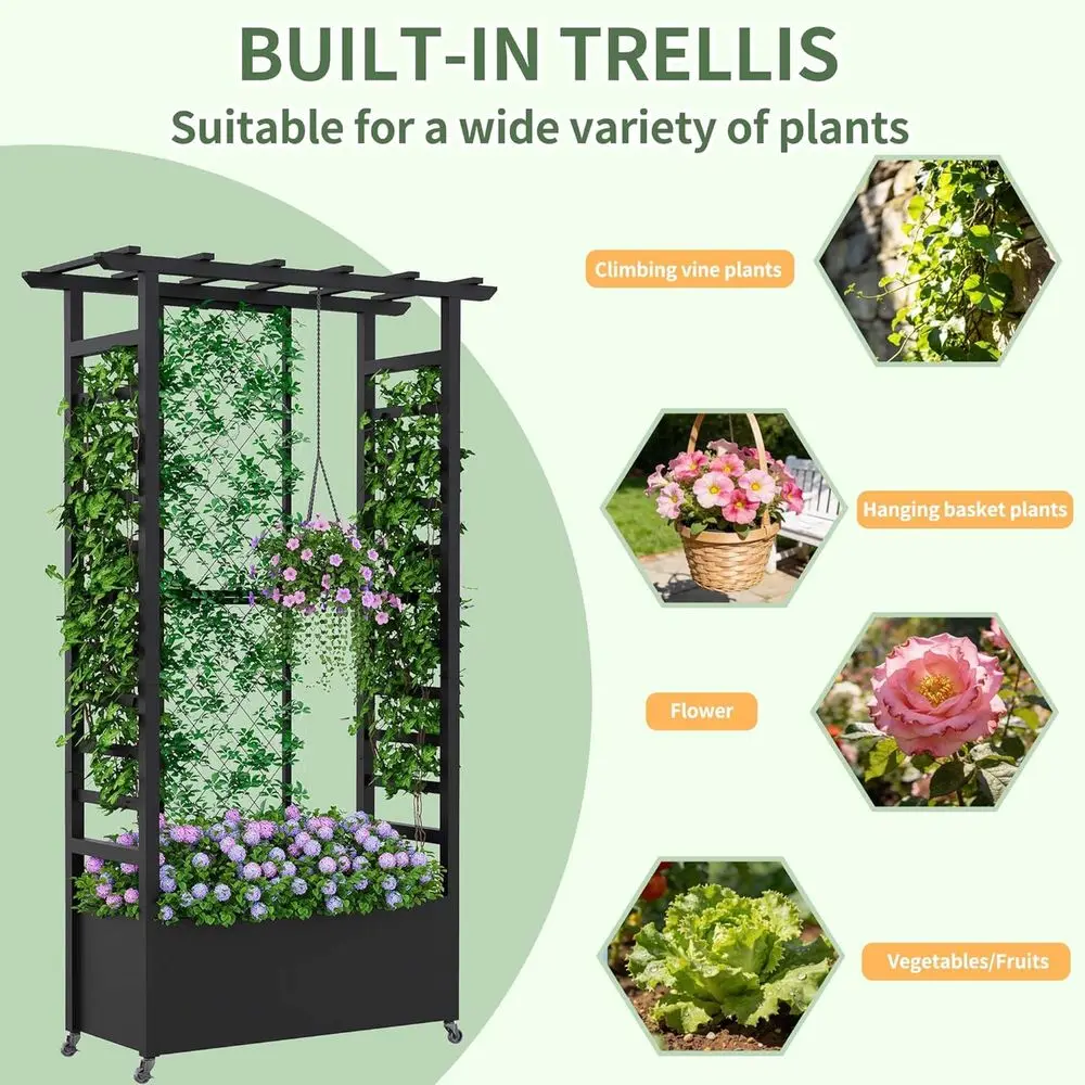 Elevated Garden Bed with Trellis and Hanging Baskets, Metal Planter Box on Wheels, Outdoor Climbing Plant Support, 74 H x 44 L x view 5