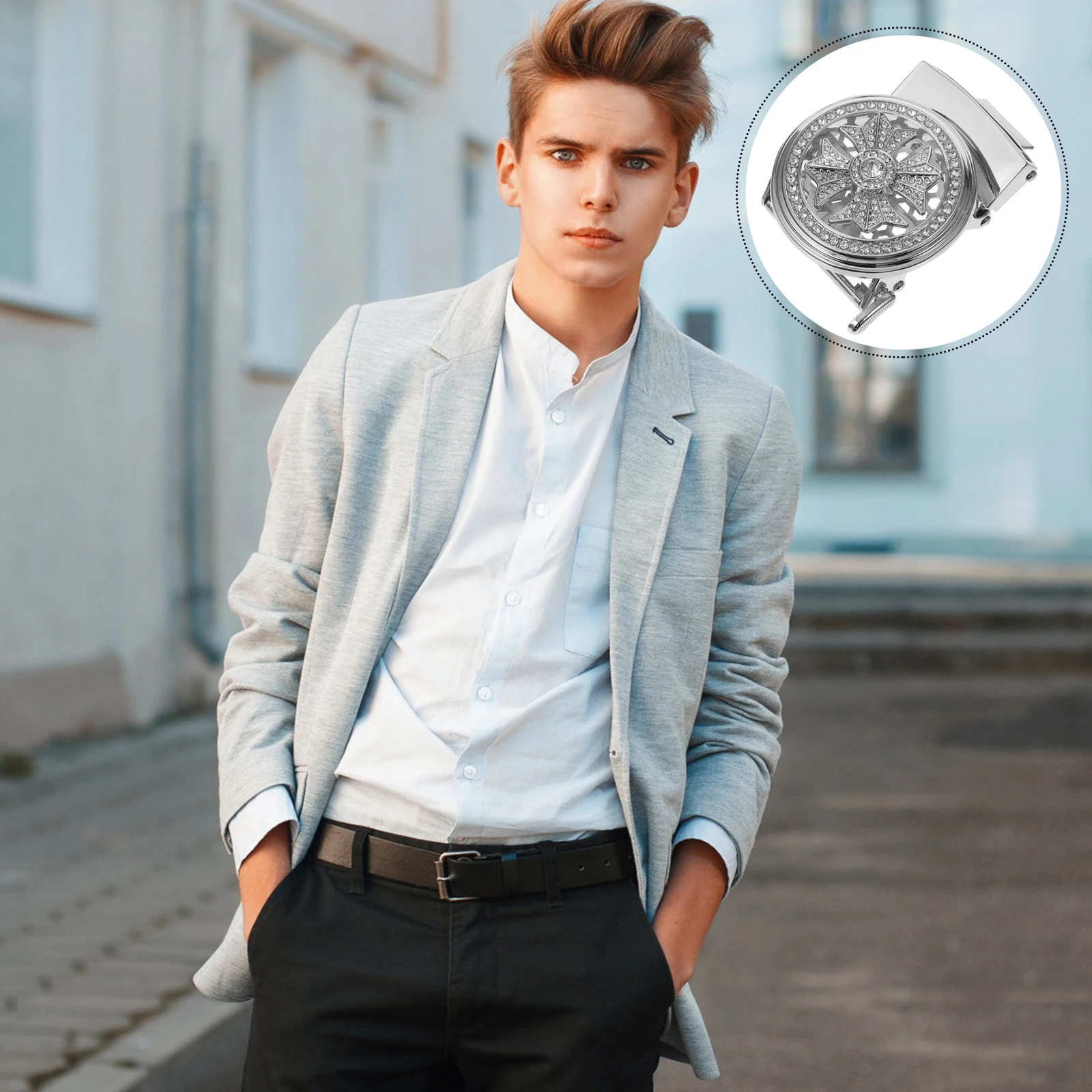 

Diamond Inlaid Belt Buckle Zinc Alloy Adjustable Men Silver Color Quick Release Matching Comfortable Long Term Not Deform Rust