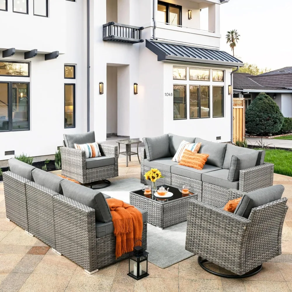 

Patio Furniture Set, 10 Piece Outdoor Sofa Couch with Rocker Swivel Chairs, Ottomans and Cushions, Wicker Rattan Sofa Set