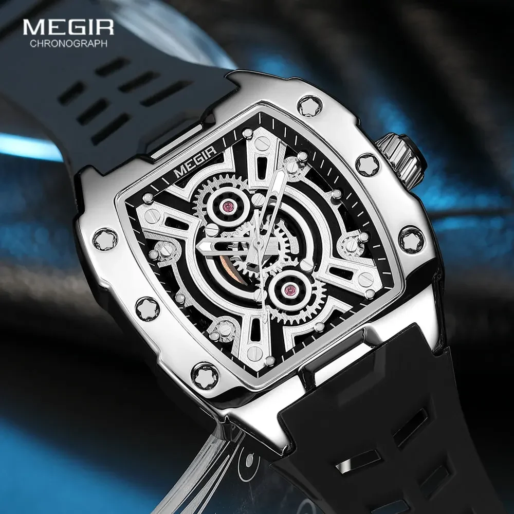 MEGIR Waterproof Lumious Watch for Men Fashion Sport Quartz Wristwatch with Silicone Strap Hollowed-out Dial Tonneau CaseMN8116G