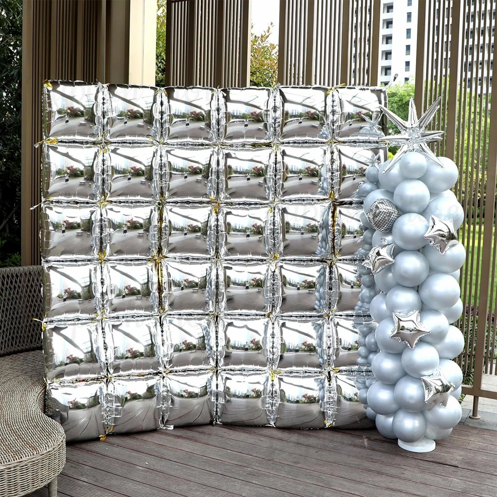25 Stück Metall Silber Quadrat Folienballons Wandhintergrund Chrom Silber Ballon für Hochzeit Babyparty Geburtstag Party Dekoration