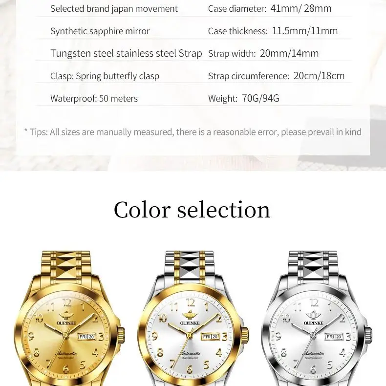 OUPINKE 3228 Couple Watches Digital Dial Date Week Japan Automatic Movement Mechanical Wristwatches for Men Women Waterproof NEW