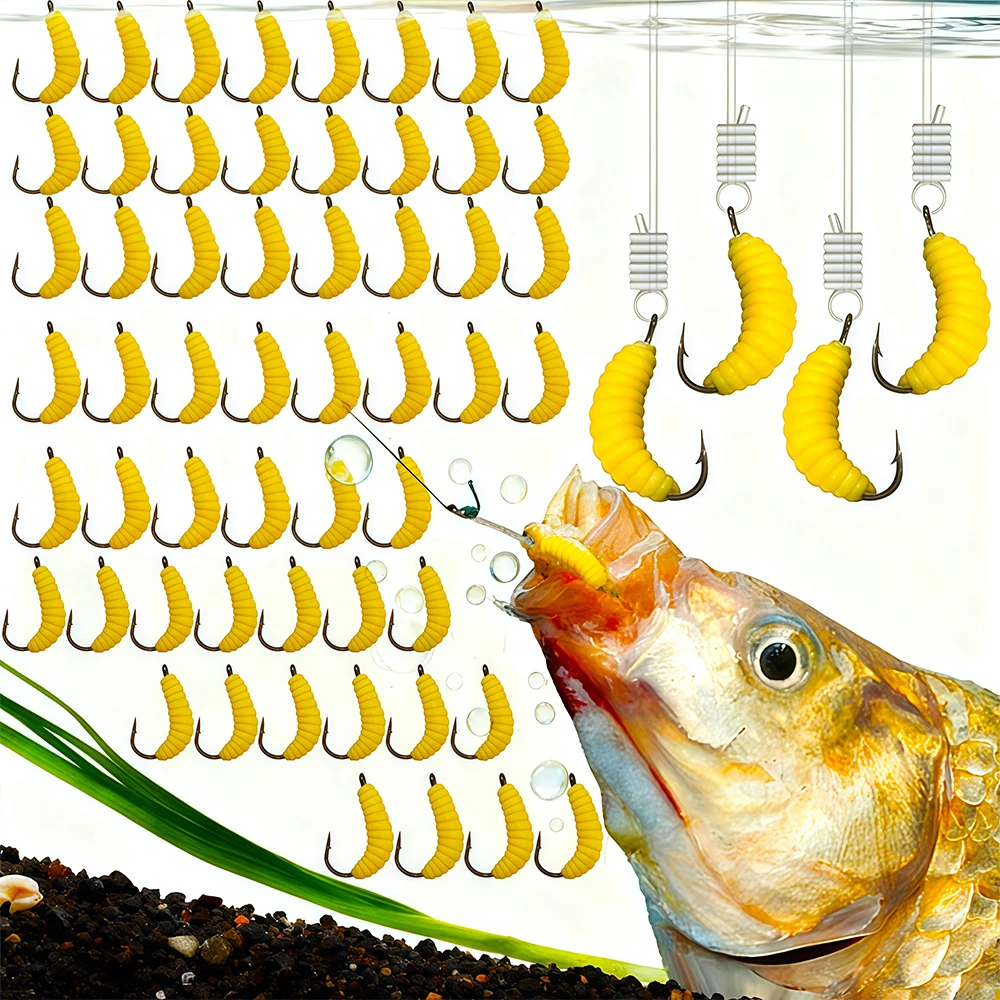 

500Pcs Maggot Baits for Trout, Sunfish, Carp and Freshwater Fishing, Artificial Bait, Soft Bait Bulk Set with Hook