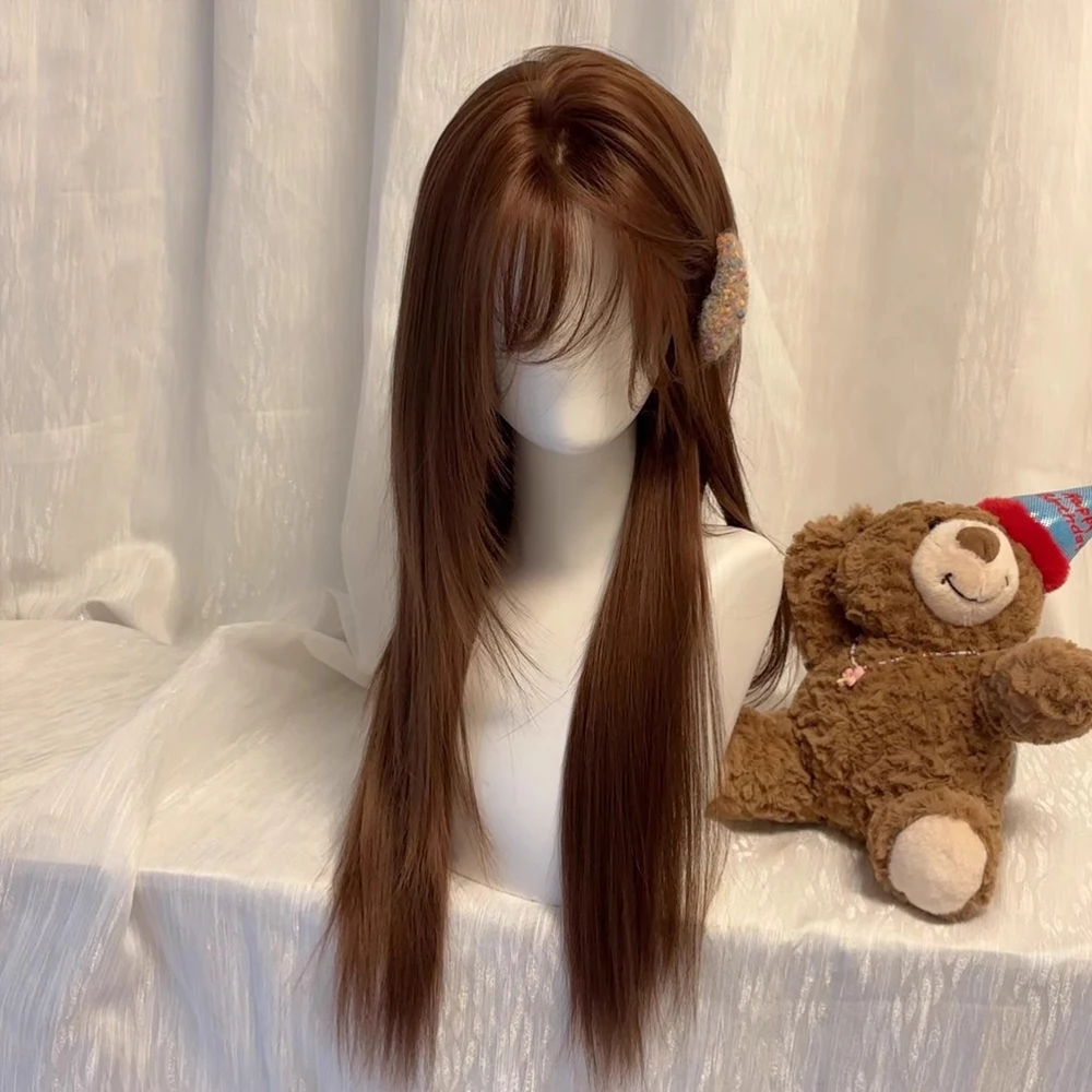

Synthetic Long Straight Brown Women Wig Heat Resistant Fluffy Wig with Bangs for Daily Party Lolita Cosplay