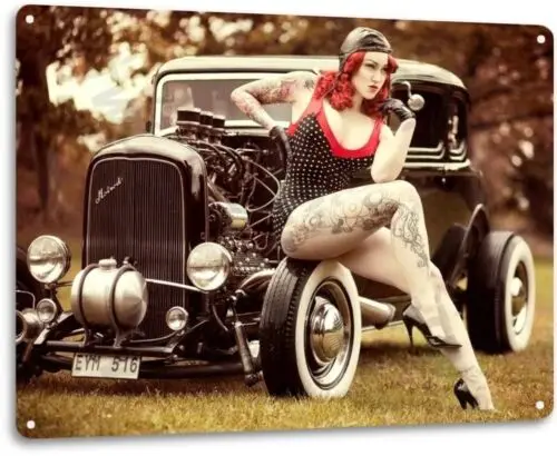 Rotes Licht Sexy Pinup-Girl Hot Rod Auto Garage Shop Männerhöhle Deko Metall Blechschild-Aluminium
