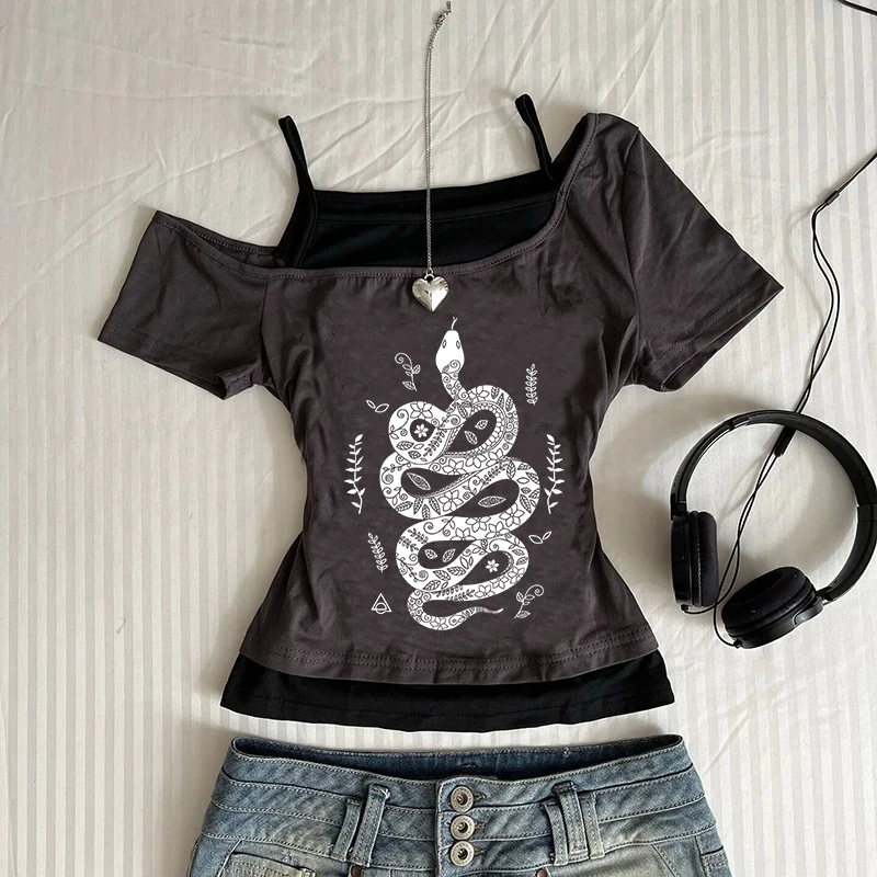

Fashion Casual Slim Short Sleeve T-shirt Y2K Vintage Aesthetics Versatile Crop Top Harajuku Creative Snake Pattern Printing Tees