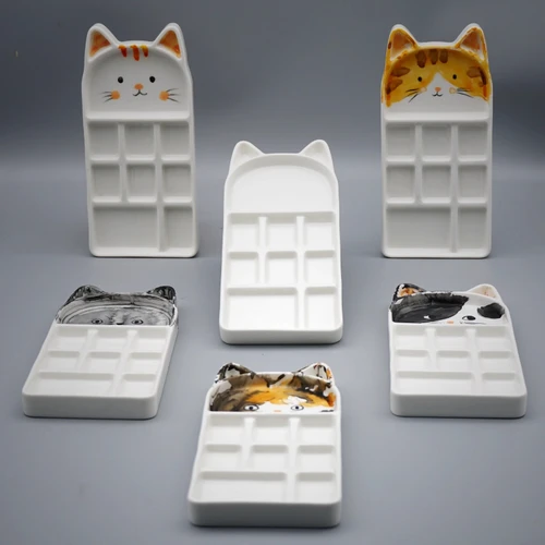 Imagen 2 del producto Paleta de acuarelas de cerámica multirejilla, bandeja de pigmentos con forma de gato, fácil de limpiar, suministros de arte para pintura de acuarela/goupa