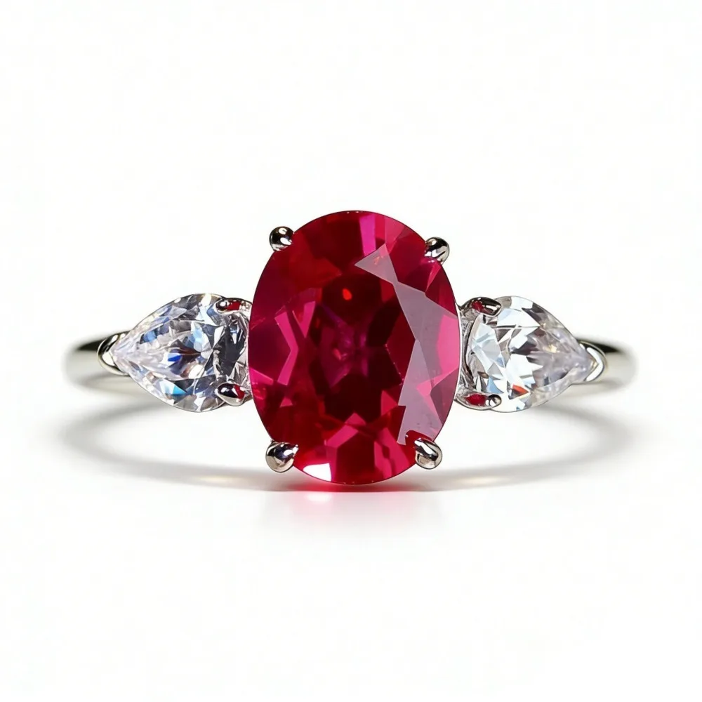 S925 Sterling Silver Ring 2CT Oval Cut Ruby Color Stone Pear Shape High Carbon Diamond Side Stones Women Wedding Fine Jewelry