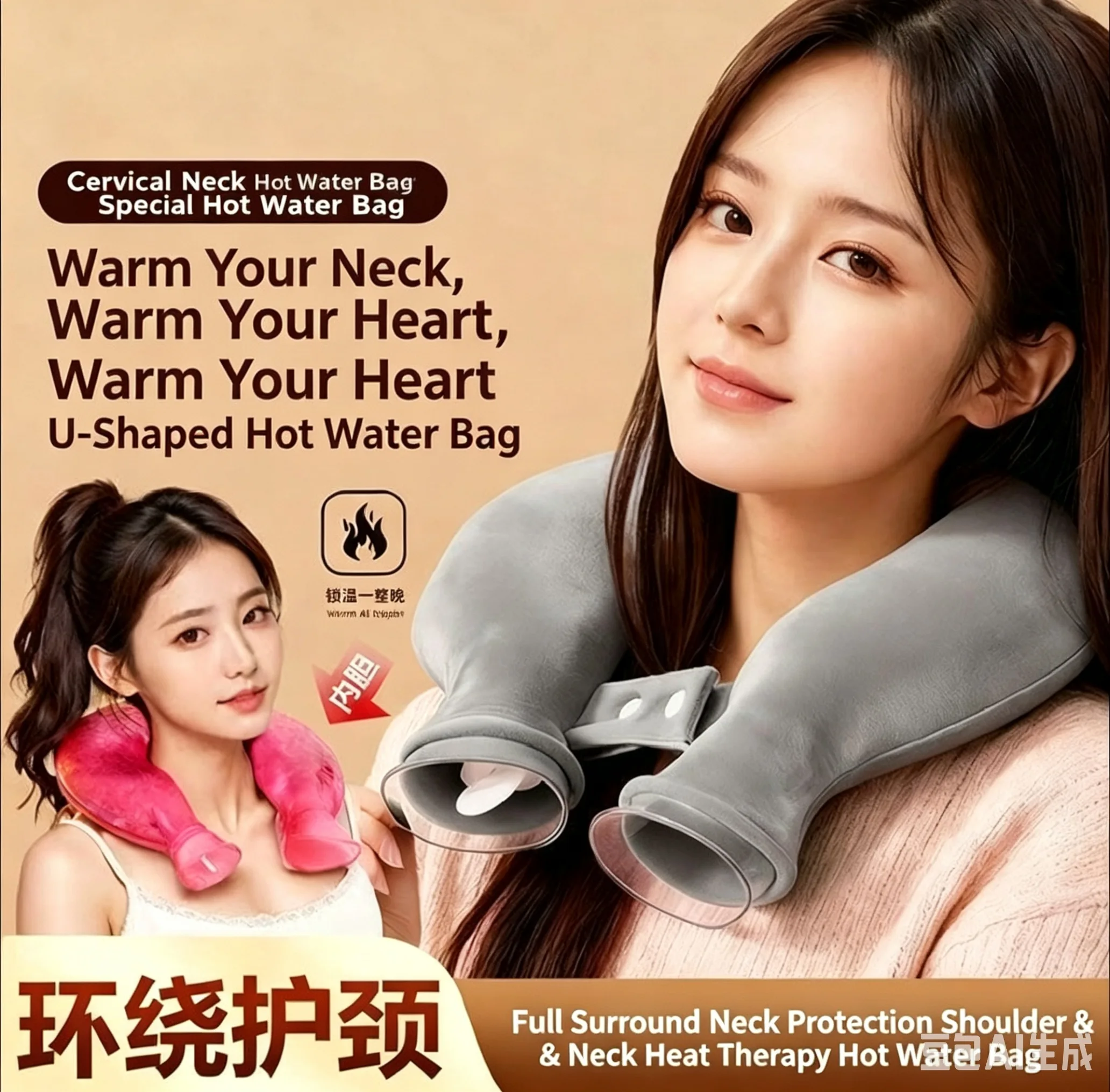 U‑Shape Neck Shoulder Hot Water Bottle, Explosion‑Proof PVC Cervical Hot Compress Warmer
