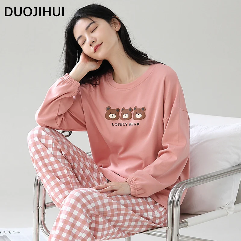 DUOJIHUI Pink Chic with Chest Pad Pajamas for Women Autumn Fashion Printing Long Sleeve Top Basic Pant Simple Female Pajamas Set