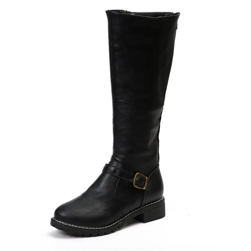 2022 New PU Leather Knee Boots for Women Shoes Buckle Metal Decoration Fashion Outdoor Ladies Footwear Solid Low Heel Long Botas