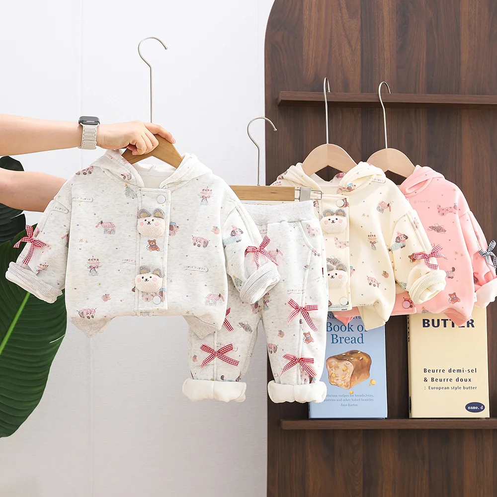 

Girls Thick Clothing Sets Winter 2025 Children Warm Velvet Coat Hoodies Pants 2pcs Cute Suit For Baby Tracksuits Kids Outfits 5Y