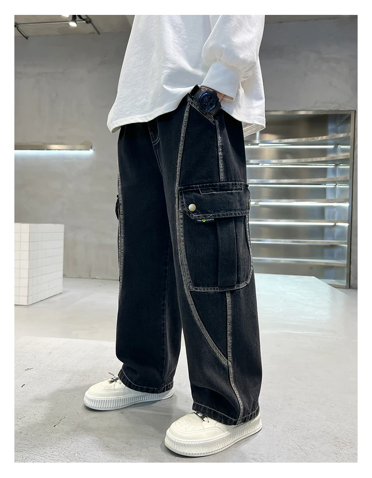 Neue lässige Kinder-Cargo-Jeans mit geradem Bein und Taschen für Teenager-Jungen, modische Street-Denim-Hosen, elegante Hosen für Kinder. – Detail 12