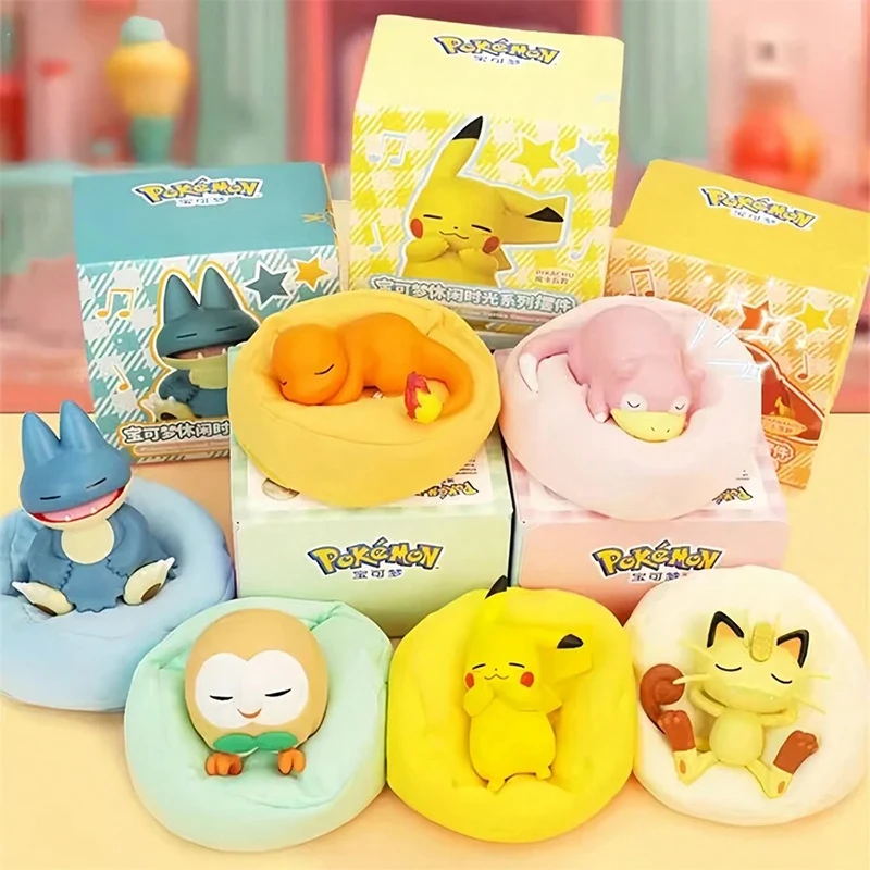 Genuine Pokemon Toys Pikachu Charmander Meowth Slowpoke Rowlet Snorlax Cute Anime Figure Sleep Model Dolls With Dustproof Pad