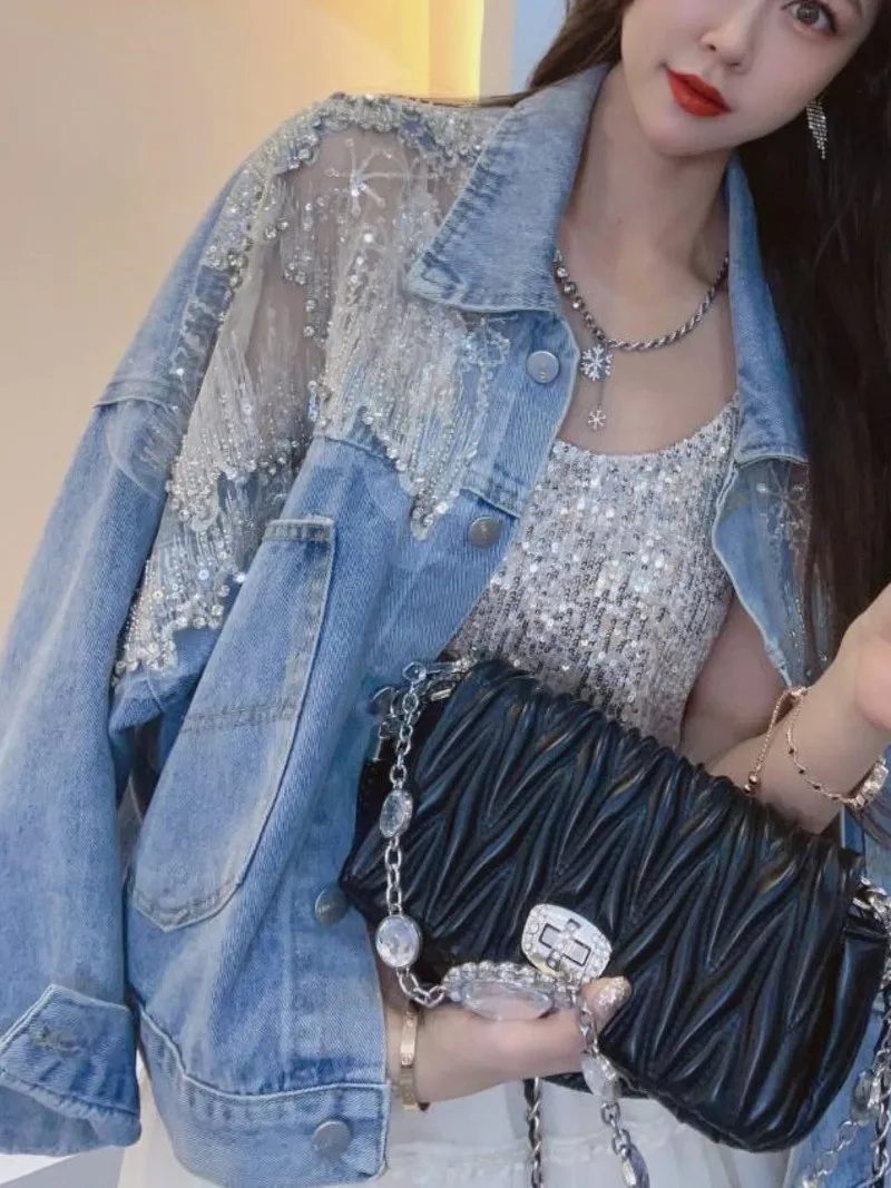 Women Nail Bead Stitching Lace Embroidery Loose Diamond Studded Short Denim Jacket Ladies Sweet Korea Summer Spring 2022