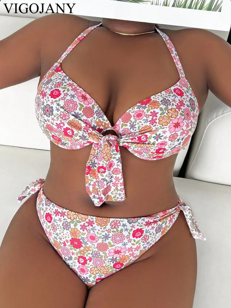 VigoJany 2025 Print Halter Plus Size Bikini Set Women Push Up Hollow Swimsuit High Waist Backless Strój kąpielowy Summer Bitchwear