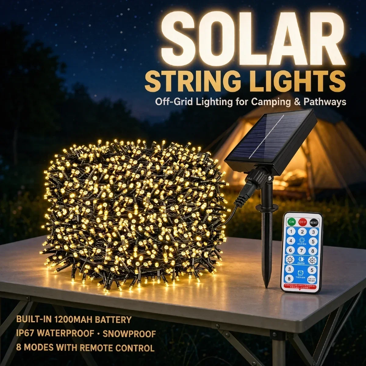 Solar‑Powered Fairy String Lights, Adjustable Solar Panel Angle & Light‑Sensing Auto On‑Off, IP67 Waterproof for Yard Garden