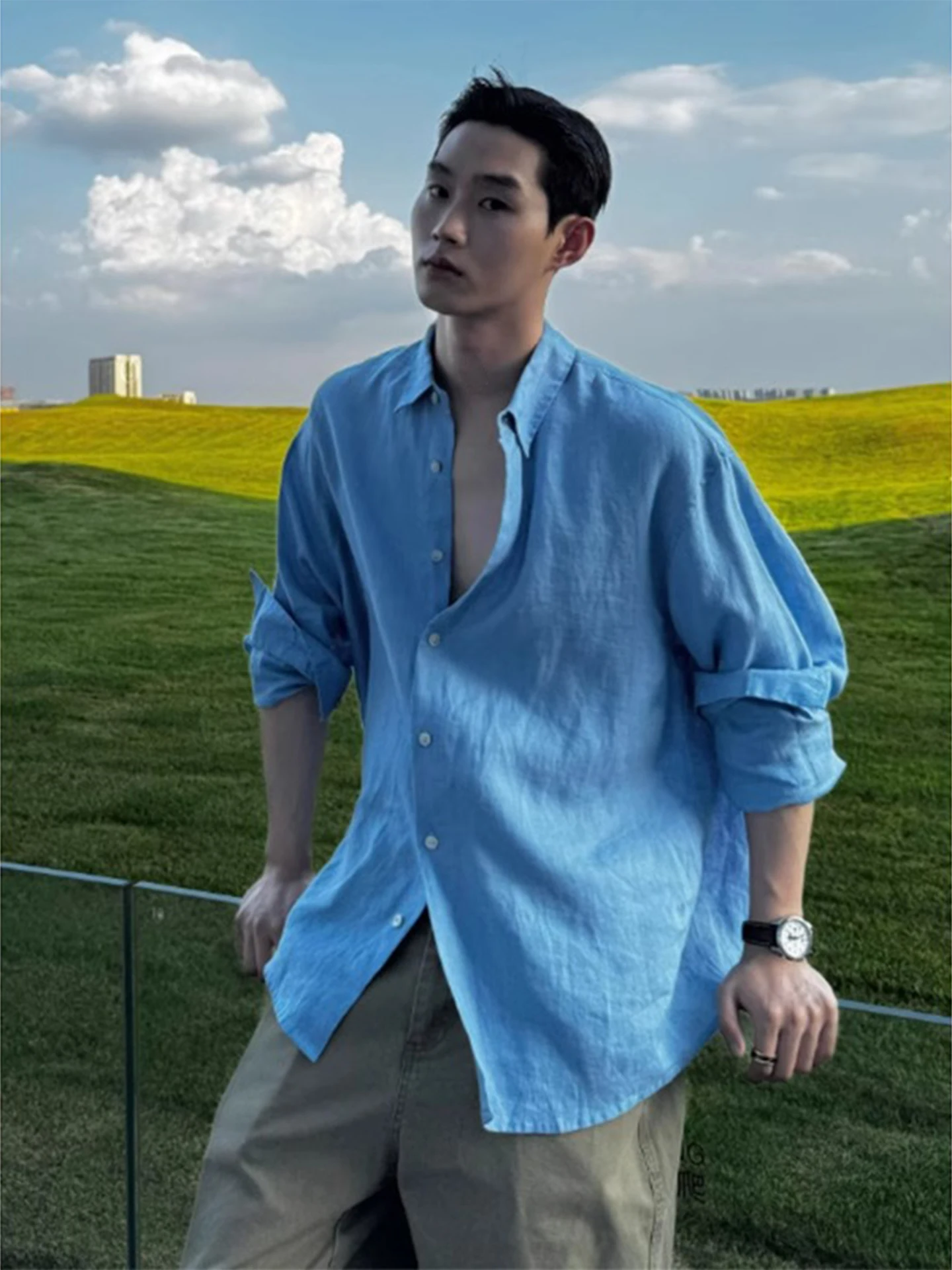 

Blue Long Sleeve Ice Silk Men's Shirt Summer Loose Style Sun Protection Outerwear Breathable Moisture Wicking Slim Fit Youth ...