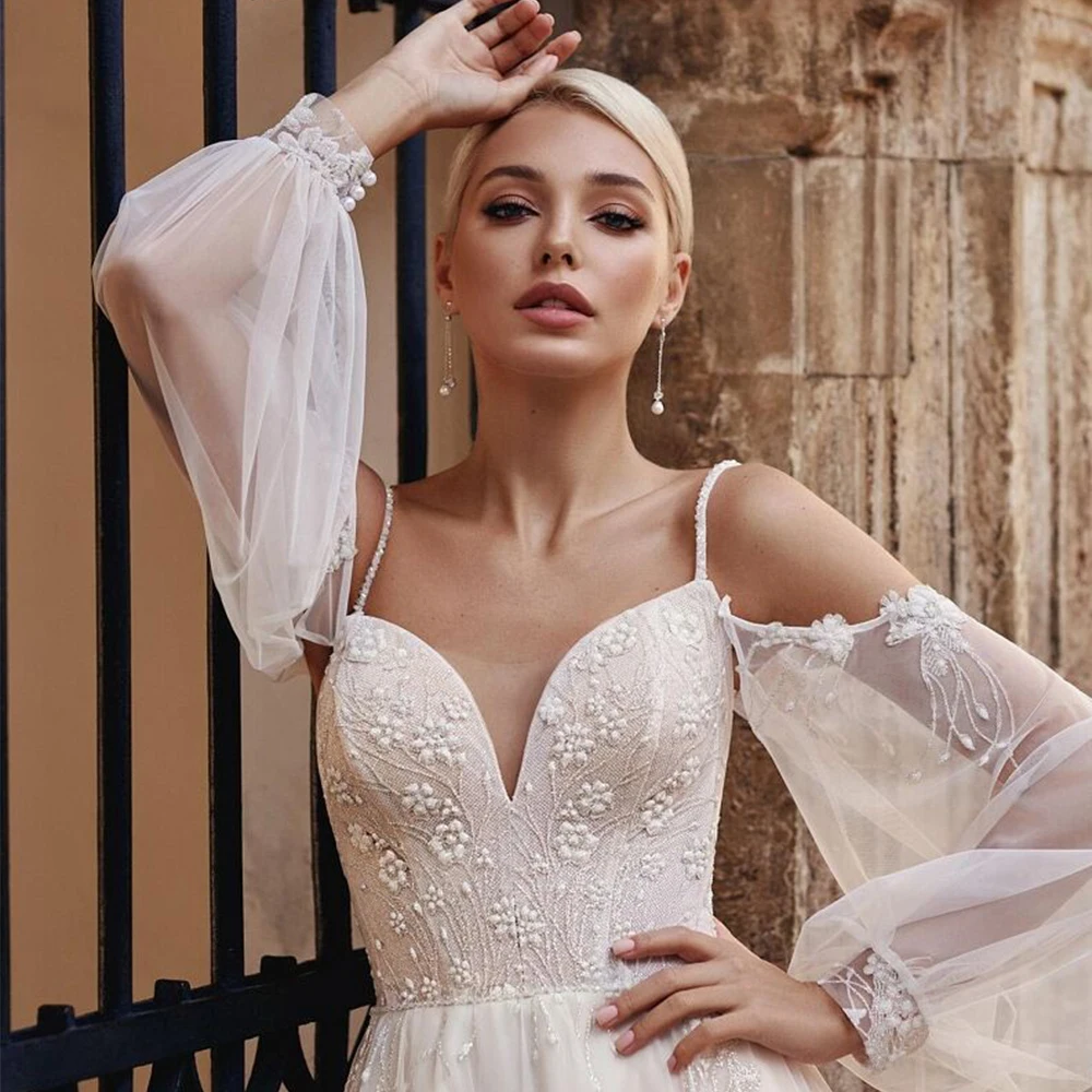 Simple Strapless Wedding Dresses Soft Tulle Bridal Gowns Court Train Full Sleeve New Vestido De Novia Modern New Robe De Summer