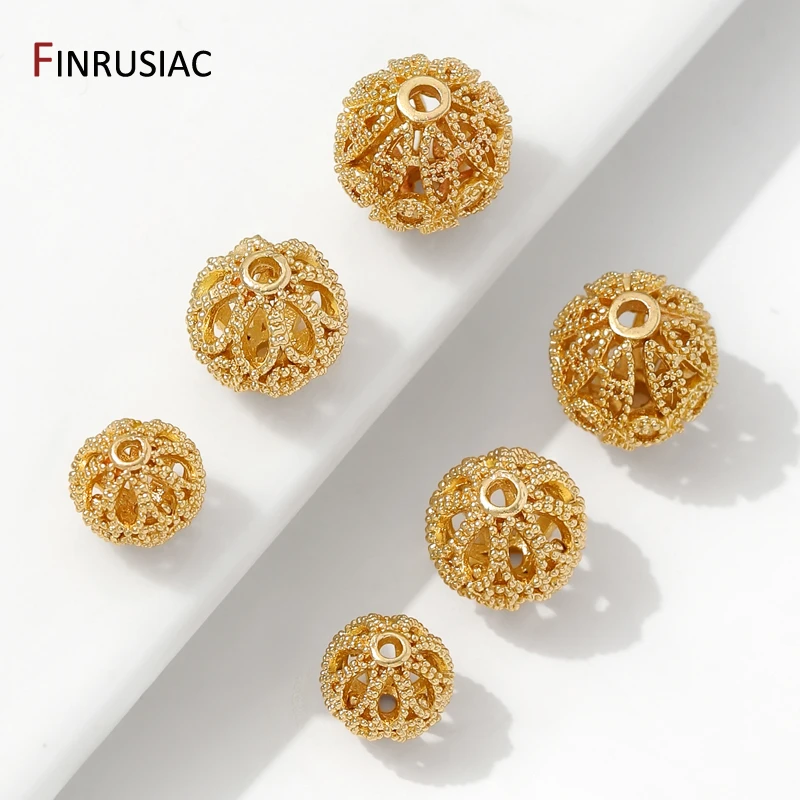 14K Gold Plated Brass Round Spacer Beads,Separators For Beads,Hollow Out Metal Ball Beads For DIY Bracelet Making Accessories