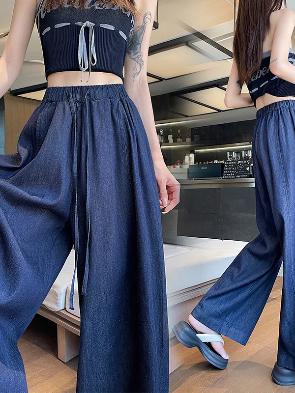 

High Waist Wide Leg Pants Women's Summer Thin Cotton Linen Drapey Floor-Length Silk Straight Leg Pants