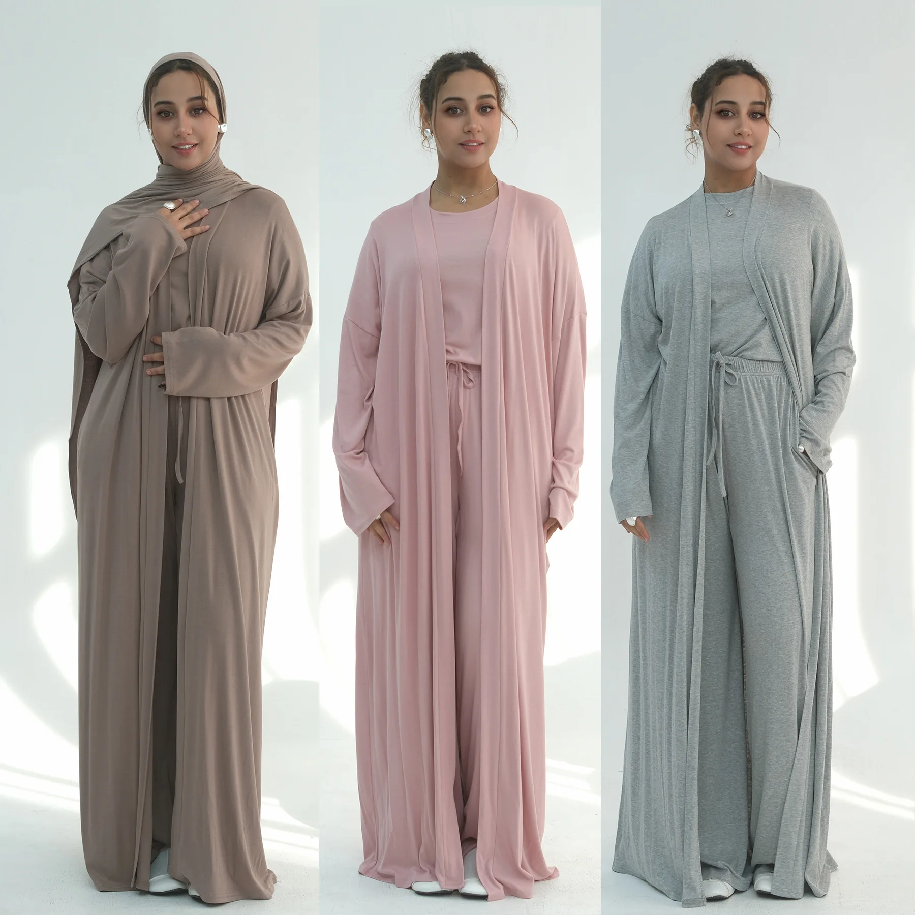 

Eid Abaya Women 3 Piece Set Top Wide Leg Pant Cardigan Solid Casual Muslim Sets Ramadan Dubai Islam Party Arab Long Robe Kaftan