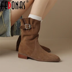 FEDONAS New Mid Calf Boots Women Cow Suede Western Boots Autumn Winter Half Boots Ladies Retro Belt Buckles Shoes Woman Boots