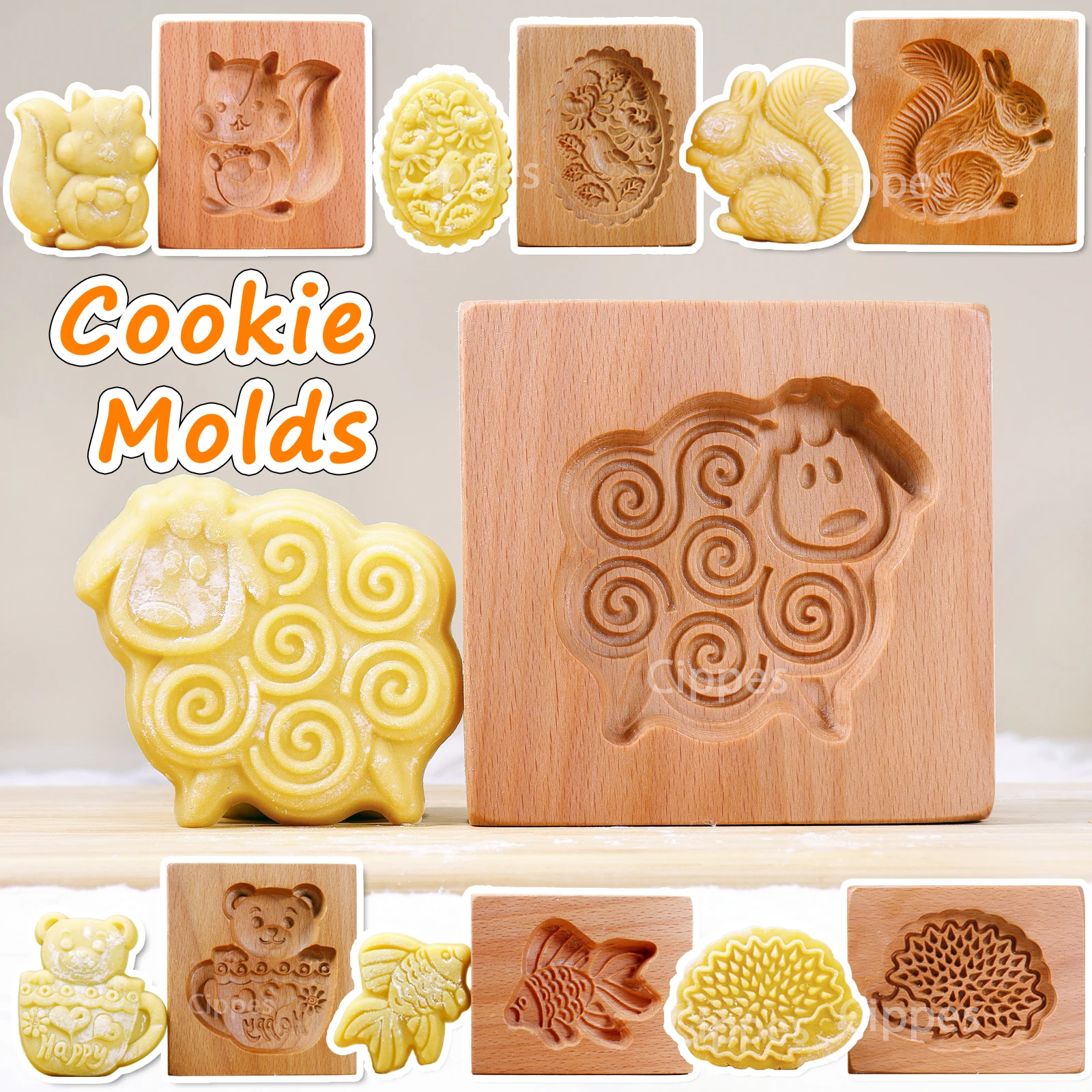 1PC Wood Cookie Mold, Animals Patterns, 3D Carved Embossed Biscuit Cutter Moulds, Fish, Bird, Bear, Sheep, Tiger, Horse, Squirre